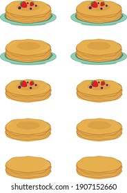 Semana del panqueque. Una pila de crepes con bayas sobre un plato. Conjunto de ilustraciones de vector plano