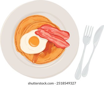 Panqueques con tocino y huevo frito en el plato.  Ilustración vectorial dibujada a mano.