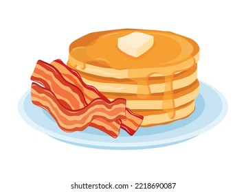 Pancakes with bacon and maple syrup icon vector. Pancakes with butter and bacon breakfast icon vector isolated on a white background