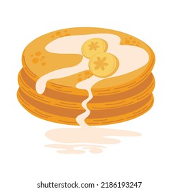 Pancakes with banana and caramel. Sweet dessert. Healthy eating. Breakfast. Perfect for printing, poster, menu and restaurant. Vector flat illustration isolated on the white background. 