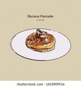 Pancakes with banana,walnut and caramel, hand draw sketch vector.