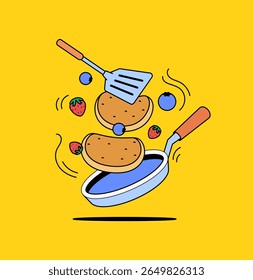 Panquecas sendo viradas em uma frigideira com espátula, cercado por morangos voadores e mirtilos desenho animado vetor para ícone de comida ou design de emblema