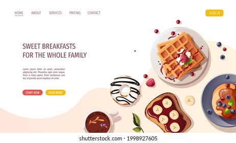 Pancakes, belgian waffles, sweet toast, donut, cup of tea. Healthy eating, nutrition, cooking, breakfast menu, dessert, recipes, pastry concept.Vector illustration for banner, website, poster.