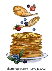 Pancakes and berries falling on the stack of pancakes, ink illustration, hand drawn vector illustration