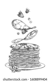 Pancakes and berries falling on the stack of pancakes, ink illustration, hand drawn vector illustration