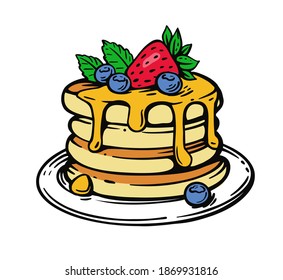 pancakes with berries and honey in color