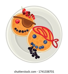 Crepes con bayas y mermelada arregladas en forma de rostros piratas en el lugar superior ver ilustración vectorial