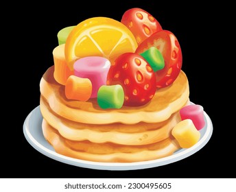 Pancakes With Berries , Marsmellow Cartoon Style Design Isolated Vector Illustration