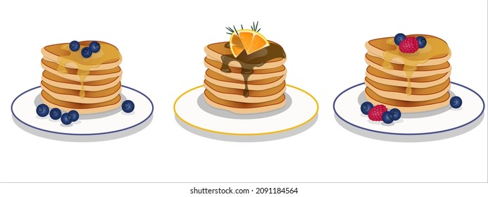 Pancakes with berries on isolated background - vector image
