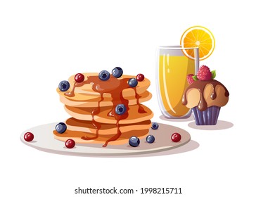 Pancakes with berries on the plate, cupcake, orange juice. Healthy eating, nutrition, cooking, breakfast menu, fresh food, dessert, recipes concept. Isolated vector illustration for banner, poster.