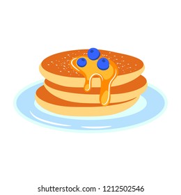 Pancakes with berries on a plate vector cartoon icon.