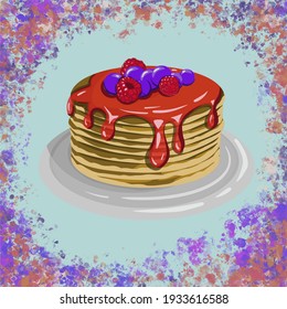 Pancakes with berries. Poster, postcard, sticker, picture, image.