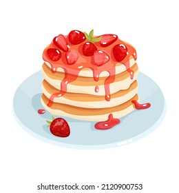 Pancakes with berry strawberry jam.Cartoon vector graphics.