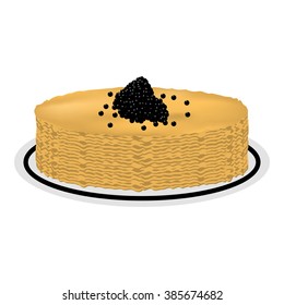 Pancakes and black caviar. Russia's traditional food for Maslenitsa. Isolated on white. Vector illustration.
