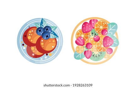 Pancakes with Blueberries and Fresh Fruits and Berries Set, Appetizing Food for Breakfast or Lunch Flat Vector Illustration