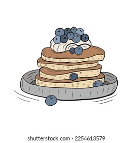 Crepes con arándanos. Ilustración del vector de dibujo manual; comida sabrosa para garabatos, afiches, diseño web.