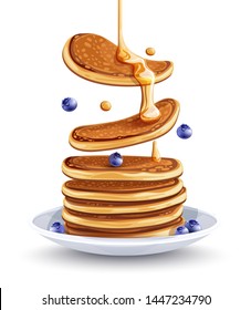 Pancakes with blueberries on the plate. Traditional sweet american breakfast with berries, Isolated on white background, Maple syrup flows at falling pancakes. Eps10 vector illustration.