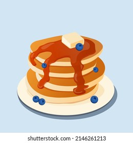 Pancakes with blueberries on the plate. Traditional sweet american breakfast with berries, creative food on blue background, Maple syrup flows at falling pancakes. Eps10 vector illustration.