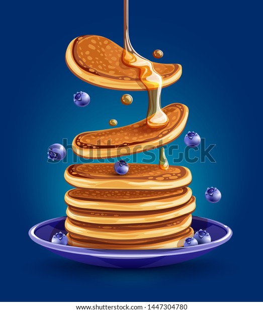 皿にブルーベリーの入ったパンケーキ 青の背景に伝統的な甘いアメリカの朝食とベリー クリエイティブな食べ物 落ちるパンケーキにメープルシロップ が流れます Eps10のベクターイラスト のベクター画像素材 ロイヤリティフリー