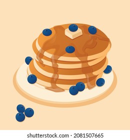 Pancakes with blueberries on the plate.Vector Pancakes with Maple Syrup and Butter