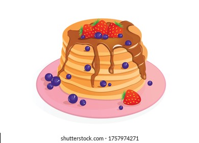 Pancakes with blueberries and strawberries with chocolate. Vector illustration of pancakes on a white background. Flat design style.