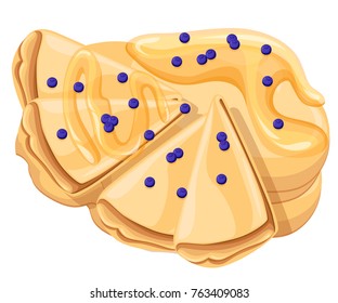 Pancakes with blueberry and honey. Pancake wrapping. Tasty dish. Sweet classic breakfast. Vector illustration isolated on white background. Web site page and mobile app design
