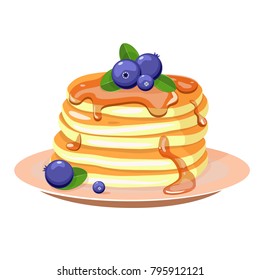 Pancakes with blueberry and mint leaves. Vector illustration.