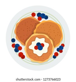 Pancakes for breakfast with blueberries, currants and vanilla sauce on a plate top view vector flat icon isolated on white