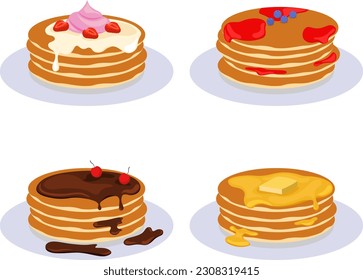 Pancakes For Breakfast. Tasty Food Collection With Chocolate, Berries. Vector Flat Illustration