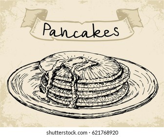 Pancakes. Breakfast in the vector graphics, hand-drawn, engraving, cake, cute greeting card, menu design restaurant, cafe, bakeries. Pancake Day.