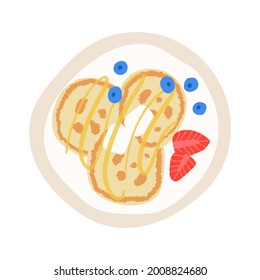 Crepes con mantequilla y jarabe de arce. Placa de desayuno con textura dibujada a mano plana. Crepes americanas dulces con bayas. Desayuno matutino casero y delicioso.