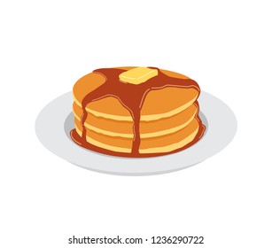 Pancakes with butter and maple syrup sweet on white plate