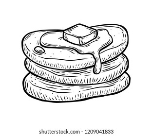 Pancakes with butter and syrup vector. American traditional cuisine Isolated on white background. Fast food ingredient. Engraved hand drawn illustration.