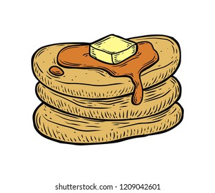 Pancakes with butter and syrup vector. American traditional cuisine Isolated on white background. Fast food ingredient. Engraved hand drawn illustration.