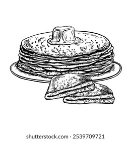 Panqueques con mantequilla. Dibujo gráfico Vector de panqueques. Ilustración de comida dibujada a mano en blanco y negro. Sobre un fondo blanco. Ideal para menús, carteles o etiquetas, recetas de cocina e invitaciones.