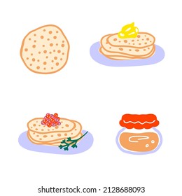 Pancakes with caviar, butter and jam vector elements collection. Perfect for logo, menu, stickers and print. Hand drawn vector illustration for decor and design.




