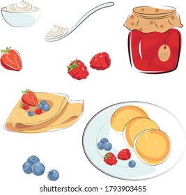 pancakes with cheesecakes. filling for pancakes. jam and berries. 
Maslenitsa