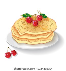 Pancakes with cherry, isolated on white background. Hand drawn breakfast and dessert vector illustration.