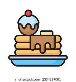 Pancakes with chocolate and cherry topping, flat vector of pancake in trendy style