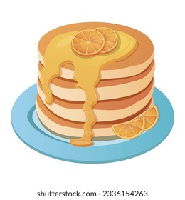 Pancakes with chocolate syrup and orange. Vector illustration, cartoon. American traditional breakfast