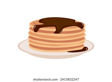 Pancakes with chocolate, vector illustration isolated on white background, drawn in simple flat cartoon style. Stack of pancakes on a plate topped with sweet sauce. Cute colored picture