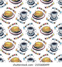 Pancakes and Coffee cup. Seamless pattern on a white background. Cute vector illustration.