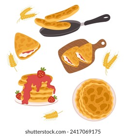 Pancakes Collection, Fluffy, Round Breakfast Delights Made From A Simple Batter Of Flour, Eggs, Milk, And Baking Powder. Often Served With Syrup, Butter, Or Fruit Toppings. Cartoon Vector Illustration
