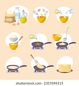 Pancakes cooking. Kitchen production stages for preparing delicious pancakes recent vector cartoon illustrations