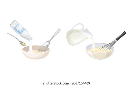 Pancakes cooking process set. Mixing ingredients and dough preparing vector illustration