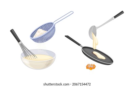 Pancakes cooking process set. Mixing ingredients and frying pancakes in pan vector illustration