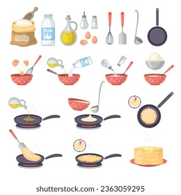 Pancakes. Cooking stages for preparing pancakes recent vector illustration set