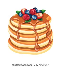 Pancakes covered with chocolate, berries, mint leaves isolated on a white background. Vector illustration of delicious pancakes with raspberries, blueberries,  strawberries in cartoon style.