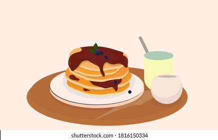 Pancakes are covered with chocolate icing. Pancakes on a plate. Breakfast. Vector illustration. Banner. Food and drinks.