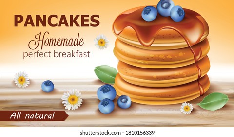 Pancakes covered in syrup and blueberries surrounded by chamomile flowers and leaves. Perfect homemade breakfast. 3D mockup. Realistic Vector